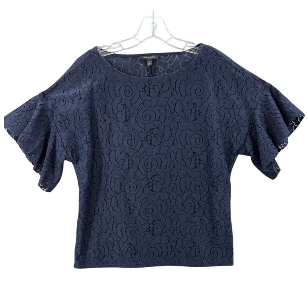 Banana Republic Lace Blouse Womens Small Blue Floral Flutter Sleeve